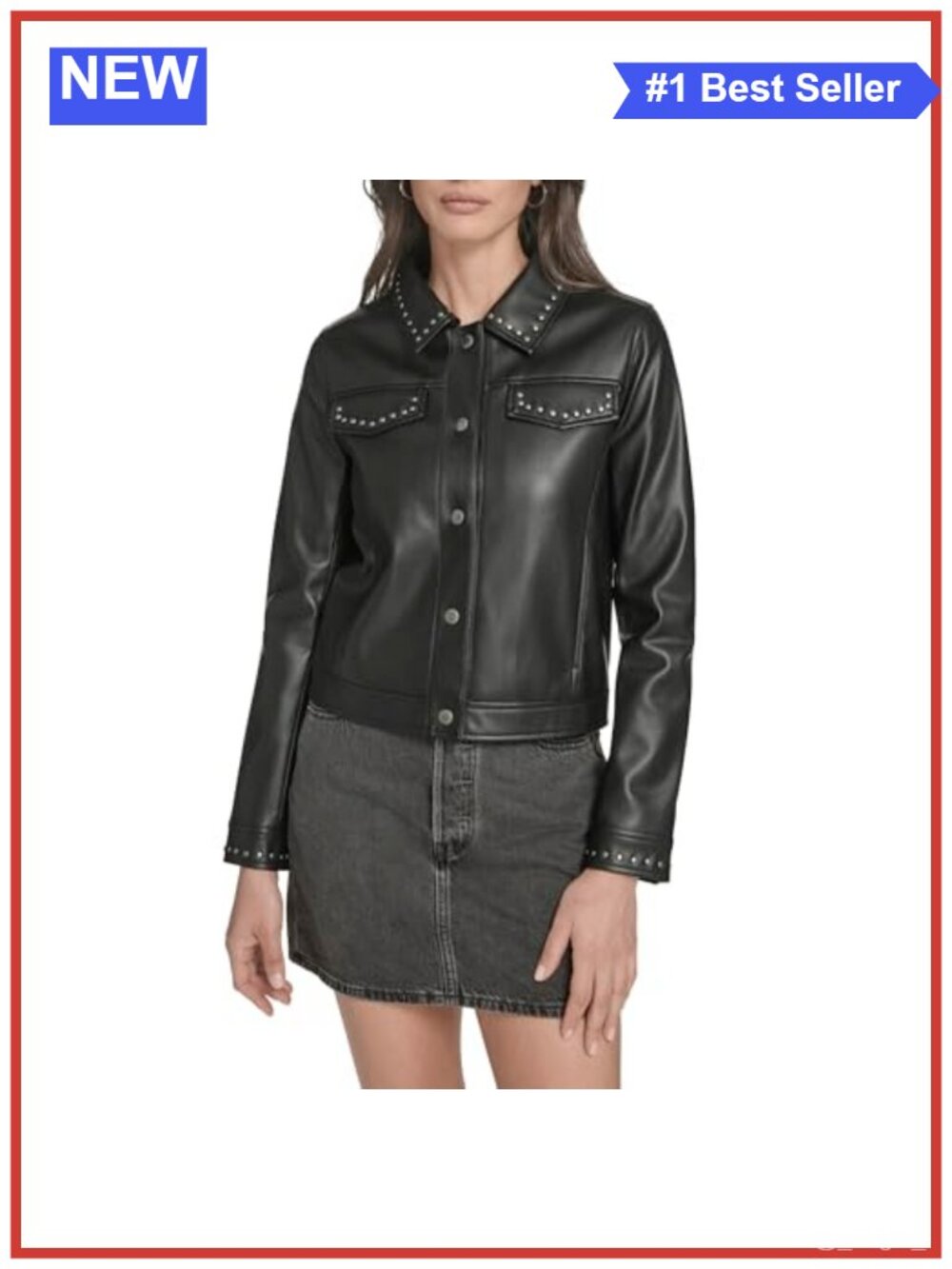 Faux Leather Studded Laydown Collar Snap Front Jacket